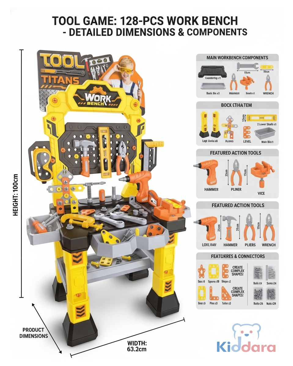 128+ Pieces Construction & Repair Workshop with Electric Drill